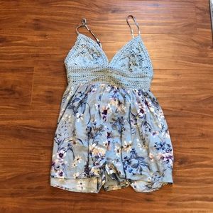 Crochet blue floral tie back romper NWOT size L